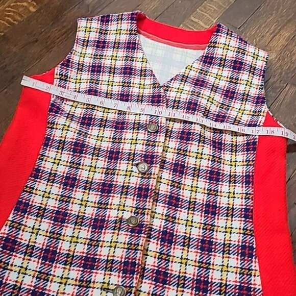 Vintage 50s 60s Handmade Red Blue Yellow Plaid Vest Unisex Napolean Buttons - Picture 8 of 12